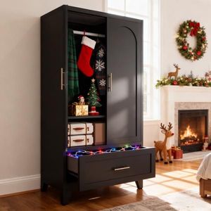 60\" Tall Metal 2-Door <b>Wardrobe</b> Cabinet <b>with</b> 1 <b>Drawer</b> & Hanging Rod Bedroom Office Laundry Closet <b>with</b> <b>Shelf</b> - Product Image 1