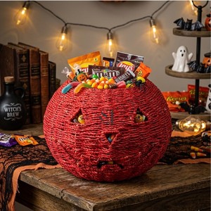Cesta de calabaza de Halloween de junco marino tejida a mano con tapa, recipiente para dulces, almacenamiento, decoración para fiestas de truco o trato, adorno, superventas, reutilizable - Product Image 4