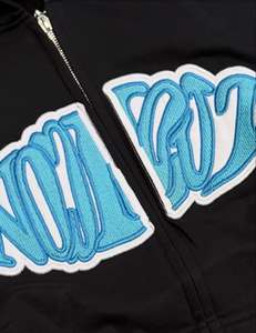 Men's Custom Black Zip Up Hoodie Blue Chenille Style Letter Applique Embroidery Streetwear Full <b>Zipper</b> <b>Sweatshirt</b> Wholesale - Product Image 2