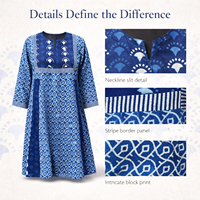Robe longue femme en coton tissé lavable, imprimée à la main au bloc indigo, col en V discret, manches longues, empiècements contrastants, coupe évasée Kali