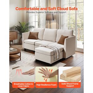 Canapé modulaire 3 places avec rangement caché, éponge à haute résilience, cadre en bois massif, revêtement beige, modèle pour salon et chambre à coucher - Product Image 2