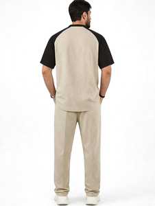 <b>Men's</b> Cotton Summer Printed Color Block Short Sleeve <b>Henley</b> <b>Shirt</b> & Drawstring Sweatpants Casual 2-in-1 Tracksuit Set - Product Image 2
