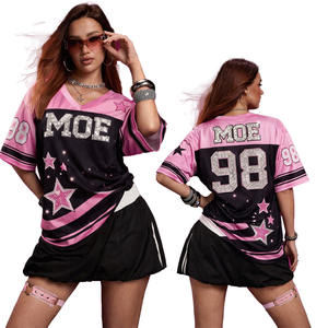 Camiseta de fútbol americano con estampado de estrellas y pedrería, personalizada, rosa y negra, de malla oversize, estilo hip hop, venta al por mayor de fábrica - Product Image 1