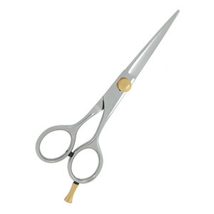Tijeras de Peluquería Profesionales al por Mayor con Logotipo Personalizado, de Acero Inoxidable, Color Plateado, con Tornillo de Ajuste Dorado - Product Image 3