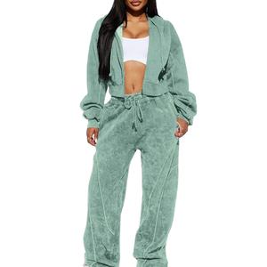 Ensemble de survêtement personnalisé avec logo, jogging épais, sweat à capuche splicé et délavé, sweat à capuche orné de strass, sweat à capuche court, ensemble de pantalons de survêtement amples - Product Image 1