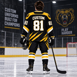 TwillSports Custom Ice Hockey Jersey Men's <b>81</b> Black Gold Sublimated V-Neck Moisture Wicking Three Quarter Sleeve Uniform - Product Image 3