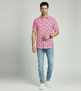 Chemise décontractée pour homme en tissu 100% coton, imprimé floral rose, style artisanal, respirante, disponible en prix de gros - Product Image 3