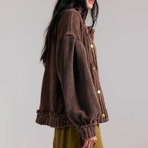 Cárdigan de Punto Personalizado para Mujer, 100% Acrílico, Color Sólido, Manga Abullonada, Cuello Redondo, Cierre de Botones, Estilo Casual para Otoño - Product Image 3