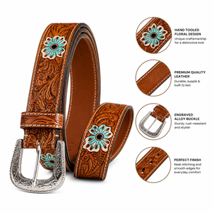 Premium Hand <b>Tooled</b> Genuine Leather <b>Belt</b> for Men Floral Carved <b>Belt</b> with Turquoise Concho Accents - Product Image 3