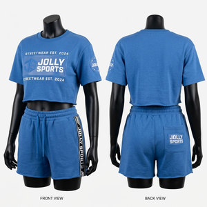Conjunto de top corto y pantalones cortos de algodón polar premium de 280 GSM para mujer, con cinta azul en el panel lateral, serigrafía y logotipo personalizado. - Product Image 1