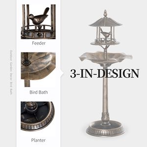 Bain d'oiseaux de jardin 3-en-1 en bronze sur piédestal avec grande bassine d'eau et jardinière intégrée pour l'observation des oiseaux dans la cour - Product Image 5