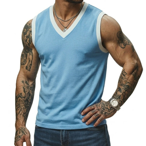 Wholesale Price Men's V-Neck Sleeveless Shirt Muscle Fit Contrast Ribbed Trim Casual Streetwear Stylish Custom <b>Logo</b> Tank Tops - Product Image 5