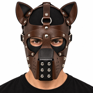 Máscara de Cuero Marrón para Perros, Máscara Facial Canina, Correas Ajustables, Bozal con Tachuelas, Accesorio de Disfraz K9 - Product Image 1