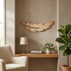 Sculpture murale artisanale en bois avec plumes, décoration murale minimaliste en bois sculpté, décoration murale bohème pour salon et chambre à coucher - Product Image 2