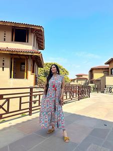 Pur coton sans manches Maxi robe indien bloc imprimé respirant élégant pour vêtements de jour décontractés couleurs terreuses décolleté licou - Product Image 2