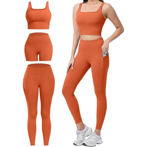 2 Piece Workout Sets for Women High Waisted Leggings with Pockets Tummy Control Biker Shorts Yoga Sports Bra <b>Seamless</b> Spandex - Product Image 6