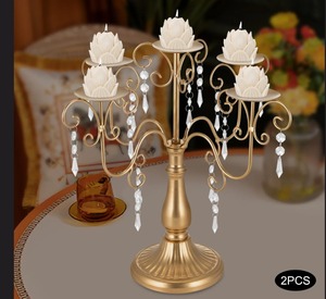 Candelabro de latón dorado de cinco brazos con gotas de cristal, decoración para bodas, duradero, al mejor precio - Product Image 4