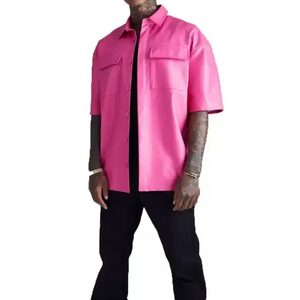 <b>Men's</b> Pink PU Short Sleeve Shirt <b>Jacket</b> Turn-down Collar Solid Color Casual <b>Summer</b> Loose Fit Regular Length - Product Image 6