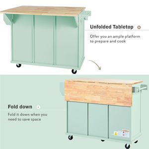 Carrello da Cucina Pieghevole con 5 Ruote, Piano in Legno di Gomma, Ante e Ripiani Interni, Isola da Cucina - Product Image 5