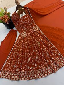 Women's Fancy Design Anarkali Elegant Embroidered Sequence Three Piece Gown-Pant Dupatta Set Party Reversible Quick Dry Wrinkle - Product Image 4