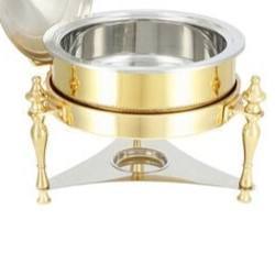 Plat à réchaud rond en acier inoxydable pour la restauration, avec couvercle en dôme martelé doré et corps argenté texturé, et barre de suspension en arche pour buffet - Product Image 6