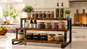 Organizador de encimera de 3 niveles, estante de almacenamiento de madera rústica con estructura metálica resistente, estante multiusos para especias de cocina y café - Product Image 2