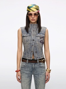 Slim Fit Denim Vest With Stand Collar Button Closure Washed Blue Casual <b>Jacket</b> For Women and <b>men</b> Spring Style - Product Image 3