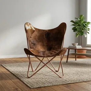 Genuine Leather Butterfly <b>Chair</b> Metal Legs Midcentury Modern Leisure <b>Chair</b> Living Room Furniture - Product Image 3