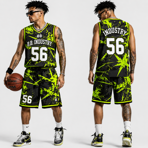 Ensemble de maillots de basket-ball personnalisés en sublimation camouflage, unisexe, col en V, sans manches, nom de l'équipe, 24, polyester respirant, taille élastique - Product Image 6