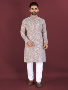 Ensemble Kurta Pajama géométrique rose taupe pour homme, longueur genou, tenue ethnique traditionnelle pour mariage - Product Image 1