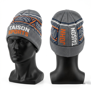Premium acrylic knit volleyball beanie 300 GSM soft stretch red cuffed cap with woven patch logo custom embroidery branding - Product Image 2