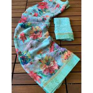 FASHIONABLE GEORGETTE PRINT WORK SAREE CON BLUSA SIN COSTAR SKY - Product Image 1