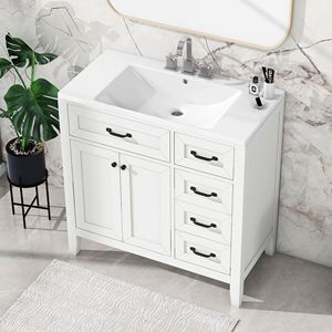 Mueble de Baño Blanco con Estructura Sólida y Cajones, Mueble de Baño de 36 Pulgadas con Lavabo, Muebles de Baño de MDF - Product Image 1