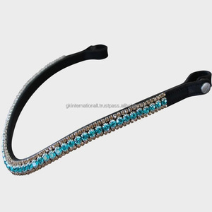 Chaîne de cristaux multicolores à trois rangs étincelants en cuir marron noir Bande de front de cheval en pleine taille d'épi - Product Image 2