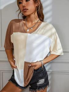High Quality Women's Solid <b>Stitching</b> Trim Short Sleeve Crew Neck Loose Fit Oversized Cotton Jersey T-Shirt <b>Top</b> for Women - Product Image 3