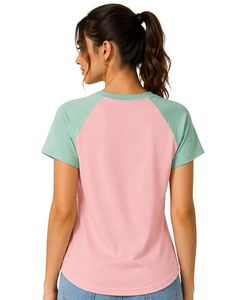 Camiseta raglán personalizada rosa y verde menta para mujer, estilo casual, cuello redondo, manga corta, mezcla de algodón, estilo béisbol, moda de verano - Product Image 2