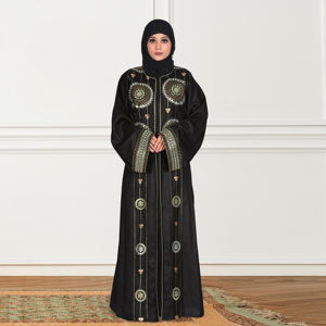 Abaya Modesta de Lino Bordado con Frente Abierto, Diseño Sólido, Largo hasta el Suelo, Talla Grande, Antiarrugas, Elegante para Mujer - Product Image 1