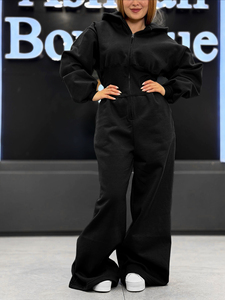 Custom 2026 Women Hooded Jumpsuit Fleece Onesie Wide Leg Zip Up <b>Romper</b> Casual Streetwear Lounge Wear Custom Logo Wholesale - Product Image 6