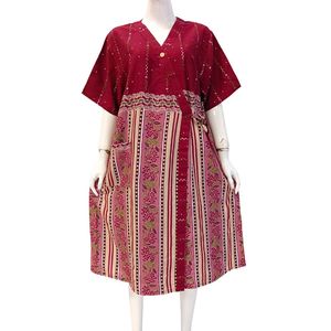 Robe décontractée pour femmes, col en V, manches courtes, en coton, avec motif rayé et broderie, longueur genou - Product Image 1