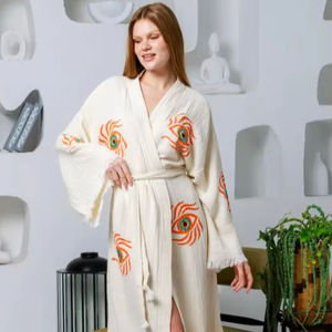 Ropa para Mujer, Kimono Musulmán, Túnica de Manga Larga, Vestidos Kaftan 2026, Túnica Blanca Holgada de Algodón con Bordado de Ojo de Diablo - Product Image 1