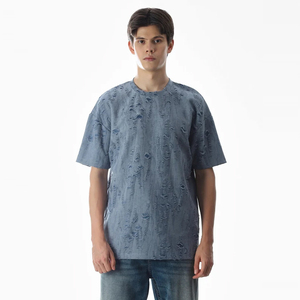 เสื้อยืดโอเวอร์ไซส์สีฟ้าอ่อน ขาดเซอร์ๆ แบบวินเทจ แขนสั้น คอกลม สไตล์สตรีทแวร์ - Product Image 1