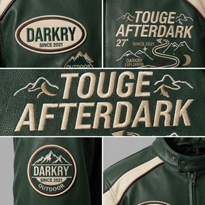 Chaqueta de Cuero Verde Estilo Bomber con Diseños de Parches Bordados, Cuello Alto, Cierre de Cremallera, Estilo Moto, Ropa de Otoño, Proveedor al por Mayor - Product Image 6