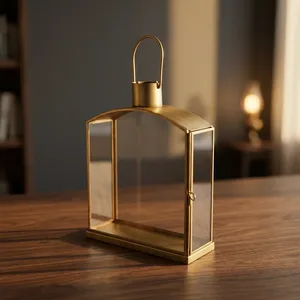ARTISAN DESIGN L163 Modern Brass Metal Glass <b>Hurricane</b> <b>Lantern</b> Decorative Tabletop Home Decor for All Occasions Irregular Shape - Product Image 4