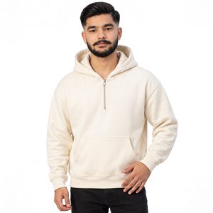 Sweat-shirt à capuche zippé pour homme, couleur crème unie, avec poche kangourou, manches longues, décontracté - Product Image 1