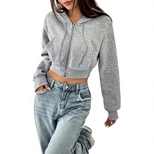 Sweat-shirt court gris pour femme, style streetwear, avec fermeture éclair sur le devant, couleur unie, décontracté, à manches longues, en coton tricoté, idéal pour l'automne – Grande Vente - Product Image 1