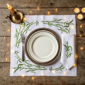 Ensemble de nappes et de serviettes de table élégantes en coton blanc brodé de bambou vert, lavables, pour la maison, l'hôtel, les mariages et les banquets - Product Image 1