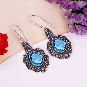 Oval Shape Blue <b>Tourmaline</b> Gemstone <b>Earrings</b> 925 Sterling Silver Vintage Style Handmade Jewelry Gift For Women - Product Image 3