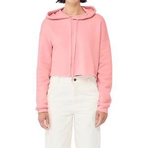 Sweat-shirt à capuche court rose pour femme avec logo personnalisé, ourlet brut, polyester/coton, pull à épaules tombantes, uni, avec badge - Product Image 1