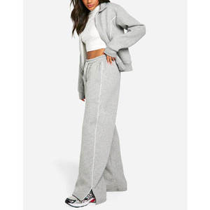2026 Custom Women's <b>Oversized</b> Zip Up Tracksuit 100% Cotton Fleece Jacket Wide Leg <b>Sweatpants</b> OEM Manufacturer - Product Image 3