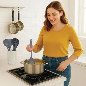 Set di 8 utensili da cucina in nylon antiaderente con porta utensili, composto da schiumarola, paletta per spaghetti, spatola, mestolo e altri utensili. - Product Image 4